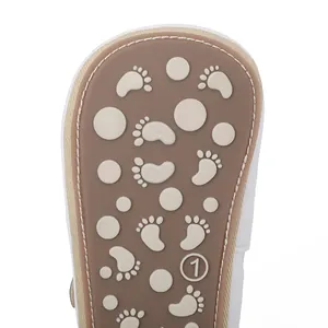 Close-up of non-slip sole for baby walking shoes with cute footprint and dot patterns