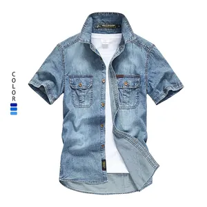 Camisa de Mezclilla de Manga Corta para Hombre Algodón Workwear con Botones Lavada Casual con Bolsillos Dobles para Verano Top