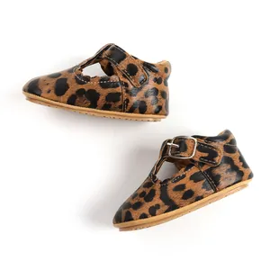 High-quality detailed view of leopard print infant princess shoes with soft rubber soles