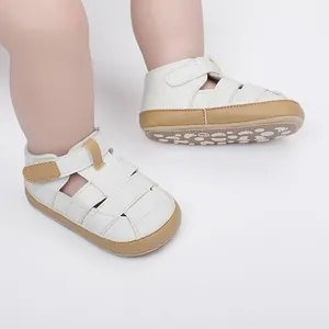 Close-up of breathable baby sandals with non-slip footprint pattern and velcro strap.
