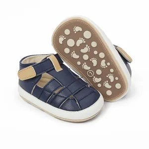 Detailed view of navy blue baby sandals with anti-slip footprint pattern sole