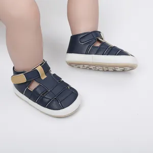 Detailed view of navy blue breathable baby sandals with velcro straps for walkers