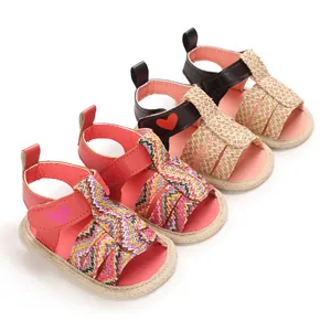 Close-up of stylish summer baby walker sandals featuring soft soles and colorful woven straps
