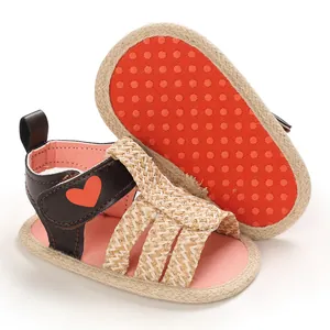 Detail of baby girl summer walking sandals with soft anti-slip soles and heart patterns.
