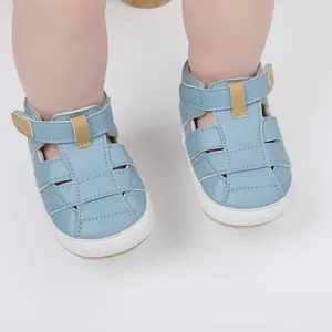 Close-up of breathable light blue baby sandals for summer infants aged 3-12 months