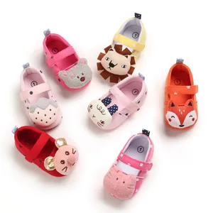 Collection of cute cartoon animal baby walker shoes with soft soles and vibrant colors.