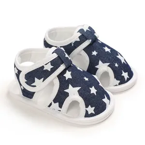 Vista detallada de sandalias azules para bebé con patrón de estrellas blancas y velcro