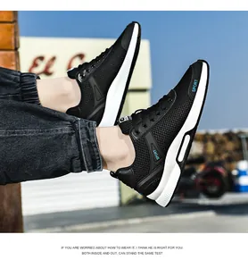 Men's black breathable mesh sneakers with 6cm hidden elevator heel
