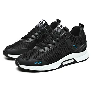 Men's black mesh running shoes with white soles and 6cm invisible heightening feature