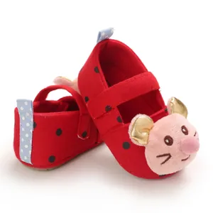 Red polka dot baby girl walking shoes with cute cartoon mouse design and soft sole
