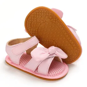 Sandalias rosas para bebé niña con lazo y suela de goma suave antideslizante flexible