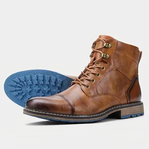 Heren Retro Martin Boots PU Leer Industriële Werkschoenen Vetersluiting High-top Enkellaarzen Met Zijrits Antislip Blauwe Zool