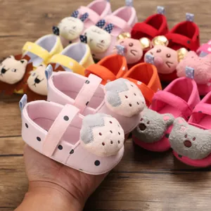 Collection of colorful soft sole cartoon baby walking shoes for girls aged 0-1 year.