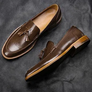 Men Tassel Loafers PU Leather Slip On Dress Shoes Wood Grain Sole Business Formal Office British Casual Flat Shoes