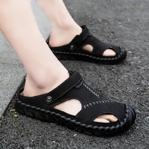 Herren Casual Sommer Sandalen Atmungsaktiv Schnalle PU Leder Ausschnitt Strand Slides Outdoor Verschleißfest Student Sandalen