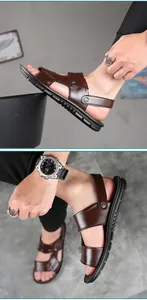 Close-up of men's brown leather sandals showing two different wearing angles and details