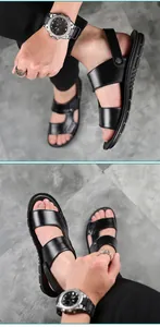 Macro detail of men's black genuine leather sandals with durable non-slip soles
