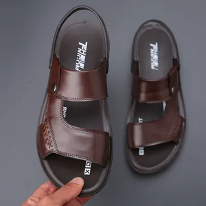 Men Genuine Cowhide Leather Summer Sandals Casual Beach Shoes Big Size Hand-Stitched Dual-Purpose Slippers Non-Slip Brown Black