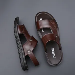 Classic brown leather men's sandals with adjustable back strap for summer