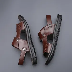 Men's brown leather sandals with adjustable straps and non-slip soles for summer