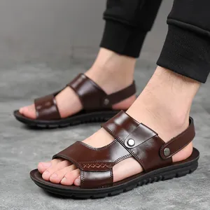 Premium dark brown genuine leather men's sandals for summer beach and casual wear