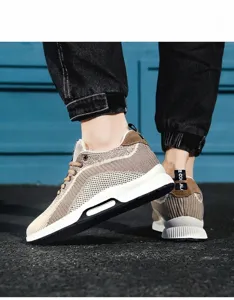 Detail shot of men's beige knitted sneakers featuring a 6cm height increasing sole.