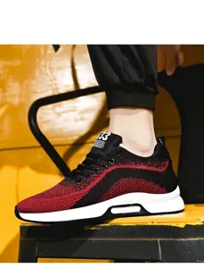 Professional men's red and black flyknit sneakers with breathable mesh and 6cm lift