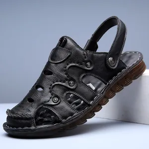 Sandales en Cuir de Vachette de Première Couche pour Hommes Antidérapant Respirant Chaussures de Plage Extérieur
