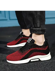 Detail view of men's breathable red and black fly-knit sneakers featuring 6cm height increase