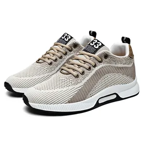 Men's breathable flyknit running shoes with 6cm invisible height increase in beige