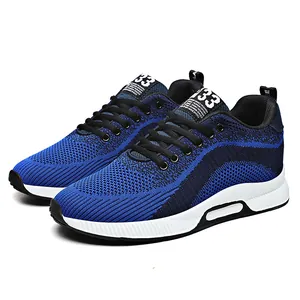 Blue fly-knit men's sports sneakers with 6cm hidden height and breathable mesh design