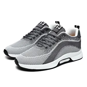 Men's grey fly-knit athletic sneakers with 6cm invisible heightening and breathable mesh.