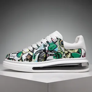 Men Fashion Graffiti Printed Casual Sneakers Hip Hop Air Cushion Platform Shoes Trendy Street Style PU Leather Skate Shoes