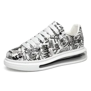 Stylish men's graffiti print casual sneakers featuring a thick transparent air cushion sole