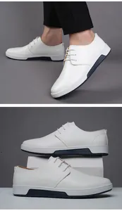 Detailansicht des Seitenprofils und Tragefotos weißer Business-Herrenschuhe aus Leder