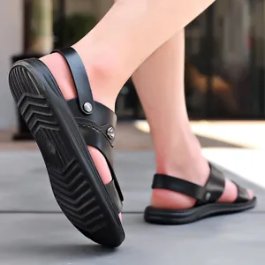 Men's casual black leather sandals featuring a non-slip sole and adjustable back strap