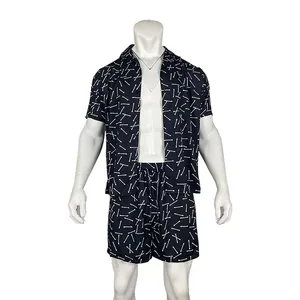 Conjunto playero hawaiano azul marino para hombre con estampado abstracto y cuello cubano
