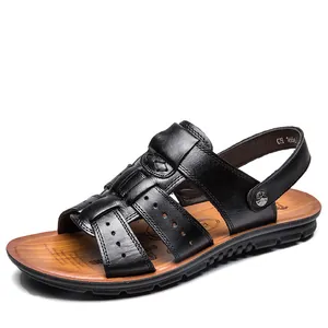 Sandalias de cuero negro para hombre con plantilla de madera, estilo clásico de playa de verano