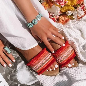 Damen Böhmisch Quasten Sandalen Ethnisch Gewebt Offene Zehe Sommer Strand Slides Lässige Flache Schuhe Für Den Urlaub