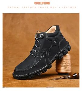 Detail view of men's black leather casual shoes featuring rugged hand-stitched craftsmanship