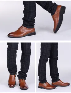 Multi-angle detail of brown men's business casual leather shoes with lace-up style.