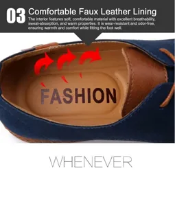 Close-up detail of men's blue suede casual shoe showing the comfortable faux leather lining