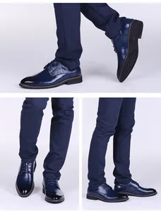 Detail showing navy blue leather dress shoes from multiple angles with navy trousers