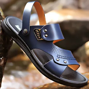 Men's Genuine Leather Sandals Breathable Two-Way Wear Summer Beach Shoes Casual Hollow Out Slide Sandals For Men