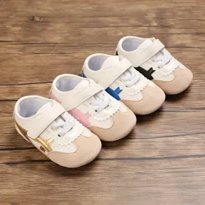Infant Baby First Walker Shoes Soft Sole Artificial PU Leather Breathable Mesh Toddler Casual Sneakers Hook And Loop Striped Shoes For Boys Girls