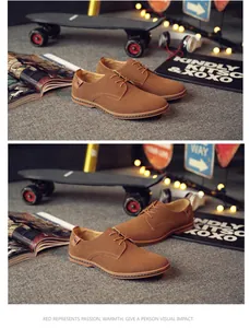 Lifestyle scene featuring men's brown suede casual derby shoes on a textured grey carpet