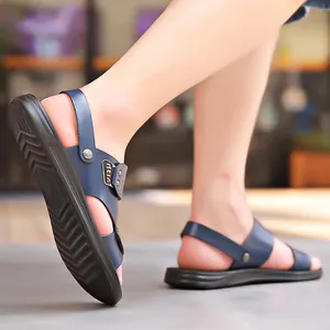 Men's blue genuine leather breathable summer beach sandals with soft flexible sole