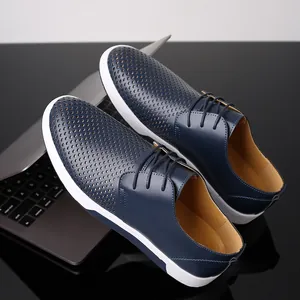 Men's navy blue perforated casual derby shoes with breathable hollow design