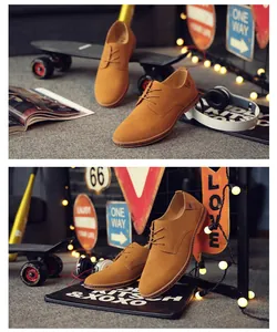 Detailed close-up views of camel suede men's casual shoes with non-slip flat soles