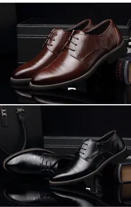 Detailed views of classic brown and black men's business casual leather dress shoes.
